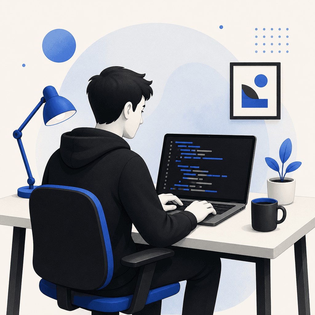 Illustration of a person coding at a laptop